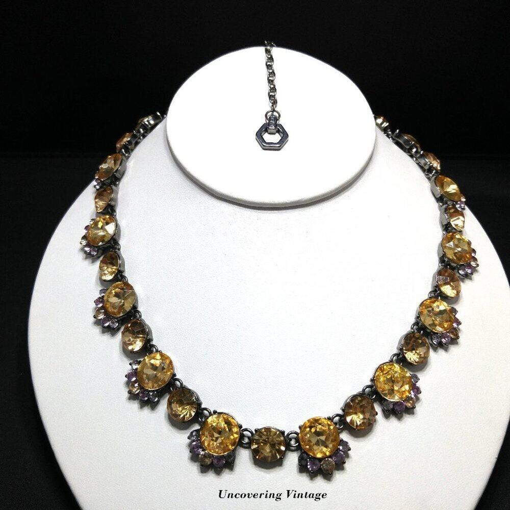 Vintage Gold Rhinestone Necklace, Lavender Rhinestones, Gunmetal, 20 In